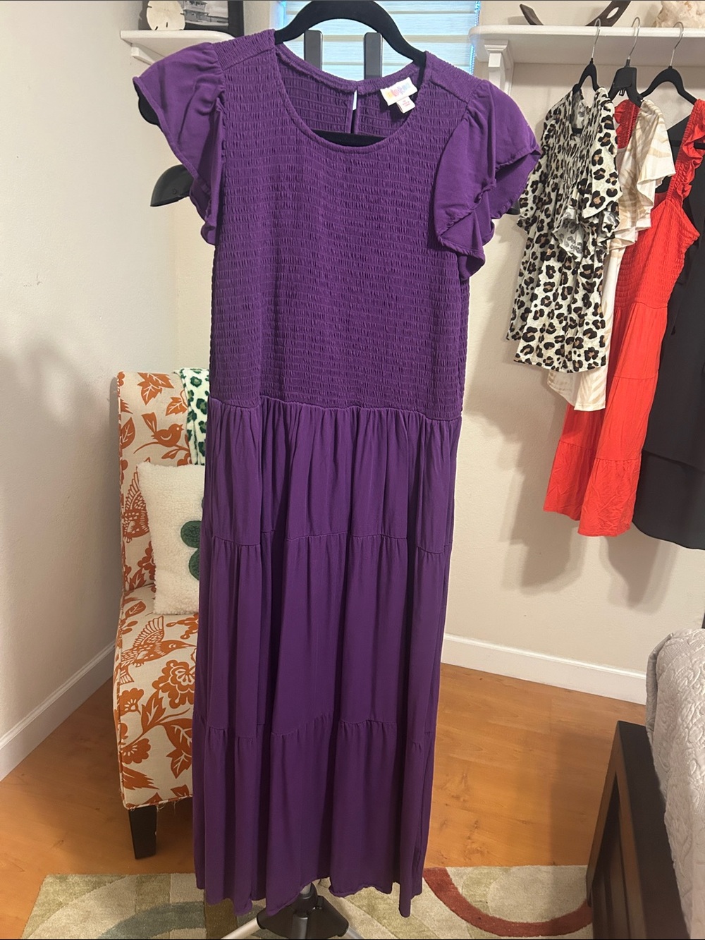 LuLaRoe Grace Violet Tiered Maxi Dress with Ruffle Sleeves